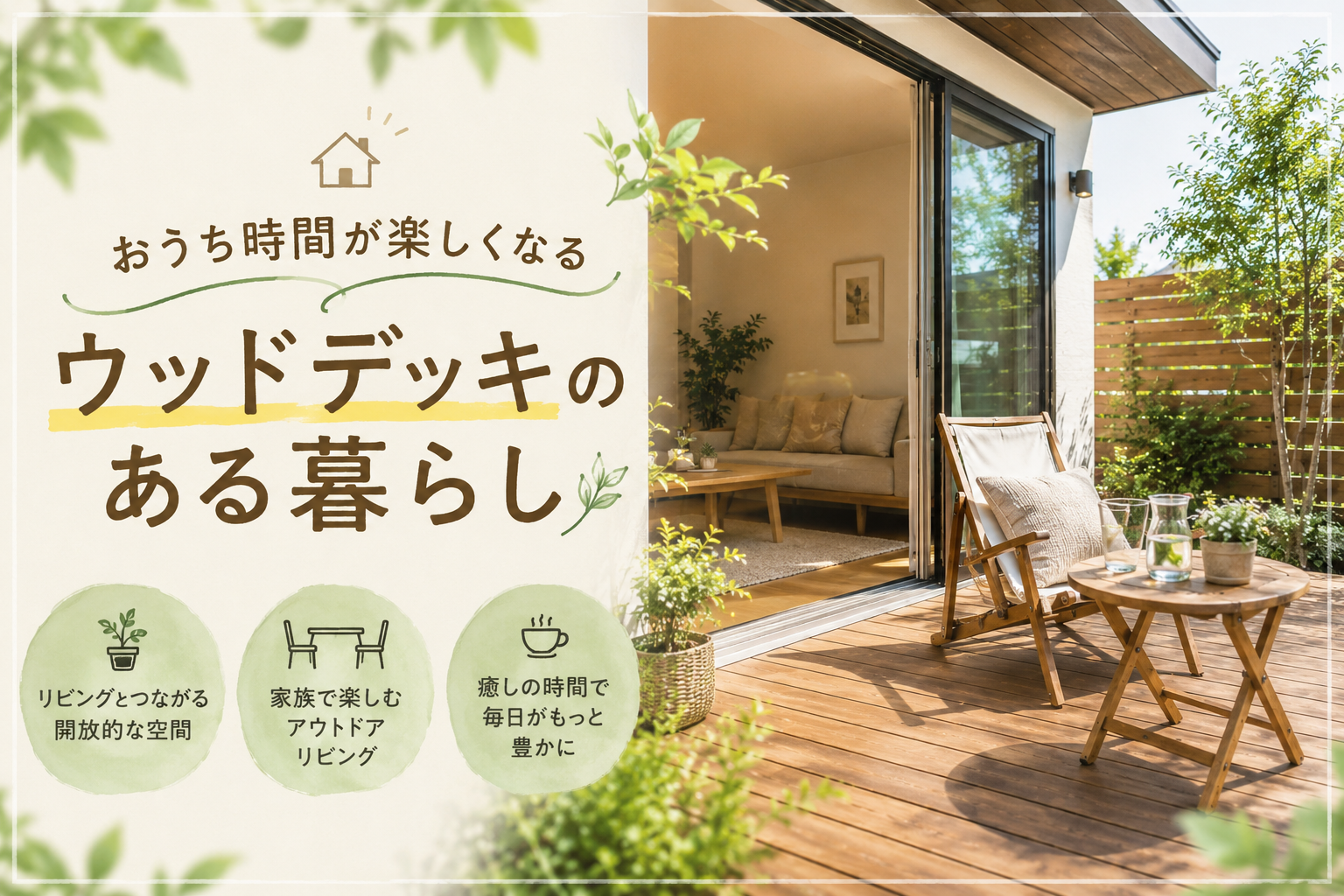 庭とリビングをつなぐ、ウッドデッキのある住まい
